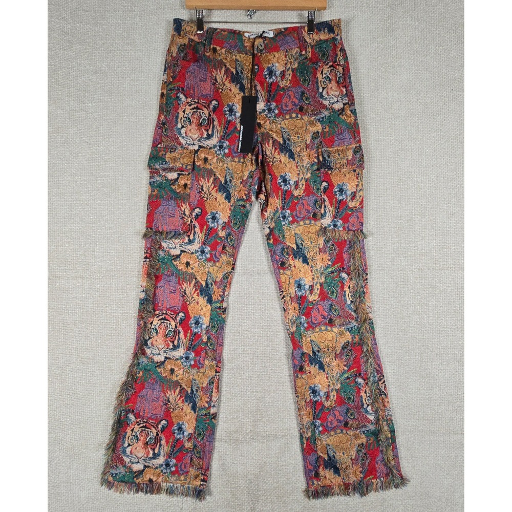 Rockstar Original Rena Tapestry Stacked Pants Tiger Jungle Cargo Fringe 34x36